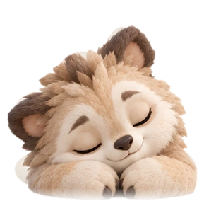 Buddy resting peacefully with closed eyes and both front paws, from the original Direction 3C character reference